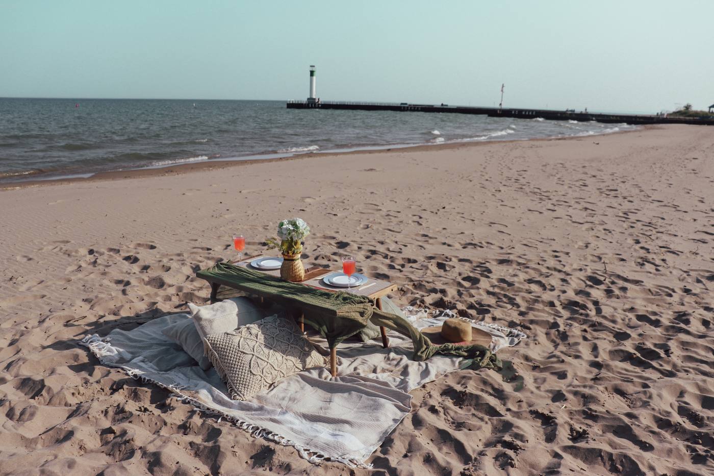The Mindy picnic kit — forest greens and neutral textures by the Grand Bend pier